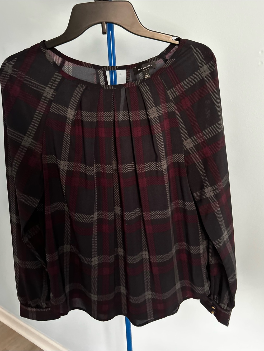 The Limited Black and Burgundy Plaid Pleated Front Semi Sheer Blouse